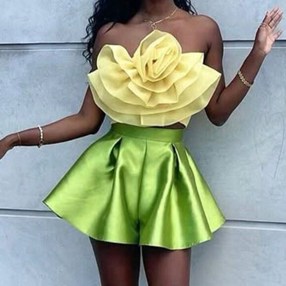 Tops - Yellow Green Party Women's Floral Chiffon Co-Ord Set